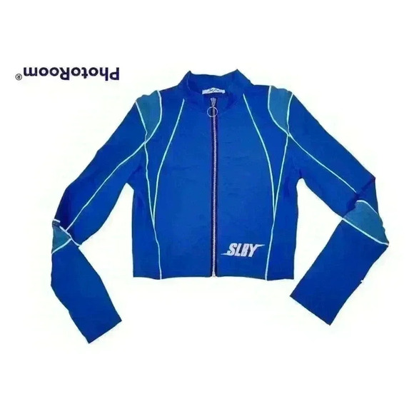 Soleboy Women's Crop Lightening Jacket Blue White Spell Out Sleeve Full Zip - Picture 1 of 7